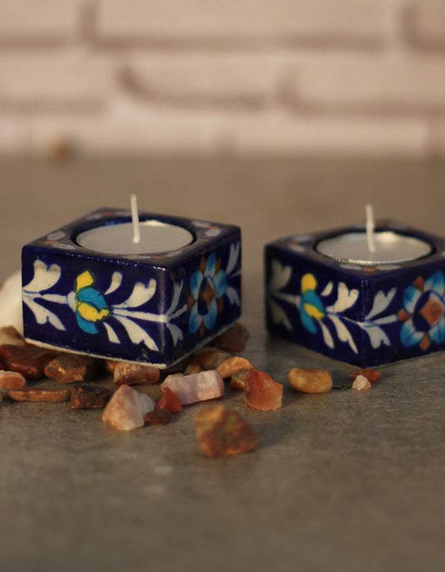 Blue Pottery Candle Holder Set - Blue Base